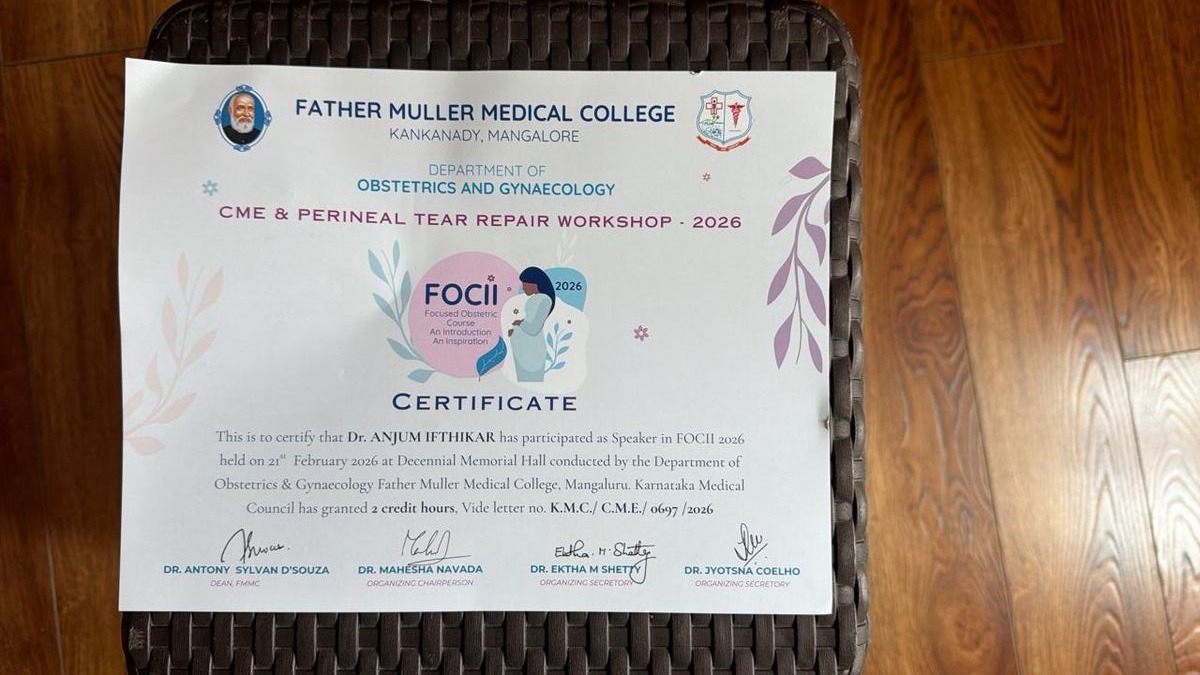 FOCII 2026 Speaker Certificate — Father Muller Medical College, CME and Perineal Tear Repair Workshop